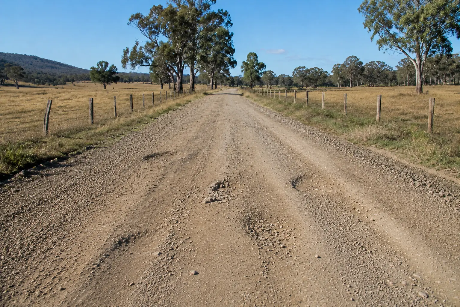 A rural gravel road before and after restoration: before